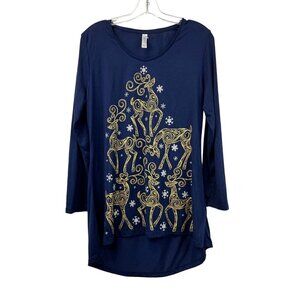 M&C Women’s Long Sleeve Scoop Neck Reindeer Top Navy/Metallic Size Large